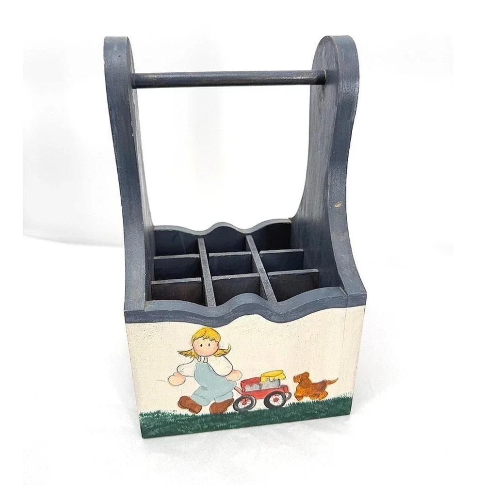 Handmade Wooden Caddy SALLY Hand Painted Girl Dog Sunflowers Cottage Core